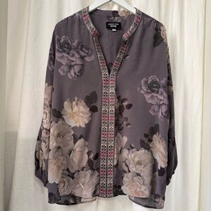 Johnny Was Workshop Floral Silk Long Sleeve Top sz XL
